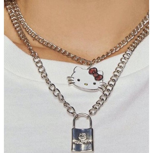 Hello Kitty Layered Necklace Silver Lock Kitty Face With Bow 18-Inch Chain Heavy 25$